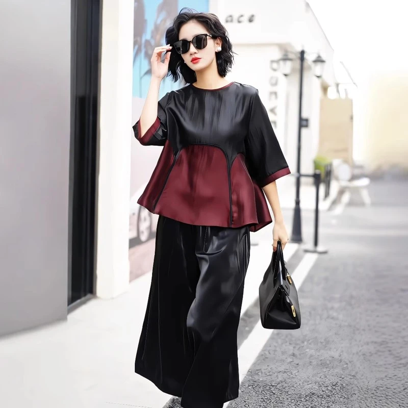 夏季贵夫人大码复古高端时尚拼接上衣宽松阔腿裤优雅气质两件套装