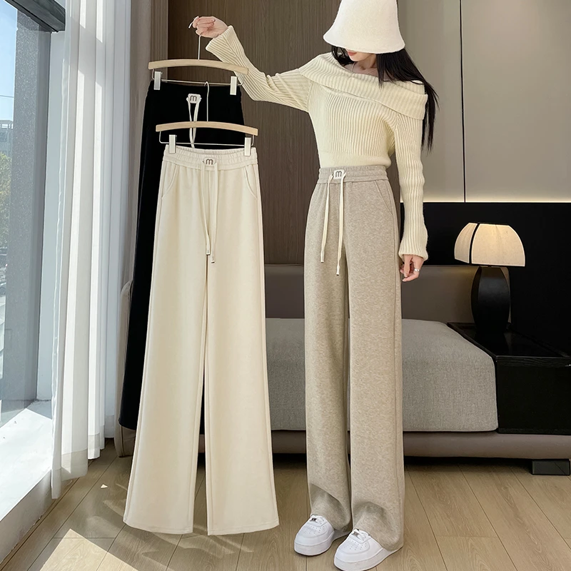 糯米裤窄版阔腿裤女直筒小个子休闲加绒加厚宽松百搭长裤子秋冬季