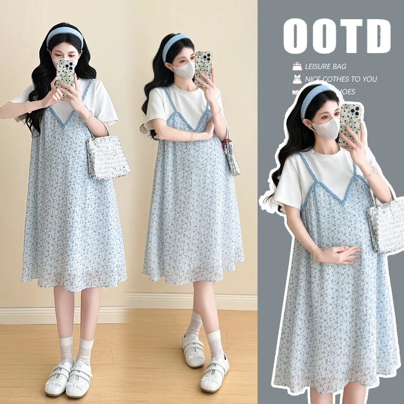 200斤显瘦孕妇夏季工艺压褶碎花假俩件拼接设计宽松高级感连衣裙