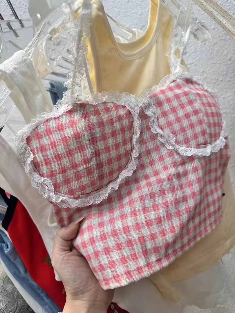 性感蕾丝花边格纹吊带背心修身显瘦短款露脐上衣