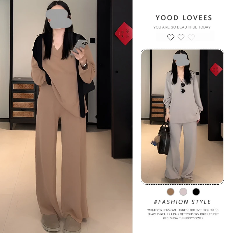 韩系休闲慵懒风V领长袖卫衣上衣女2025春秋新款显瘦阔腿裤两件套