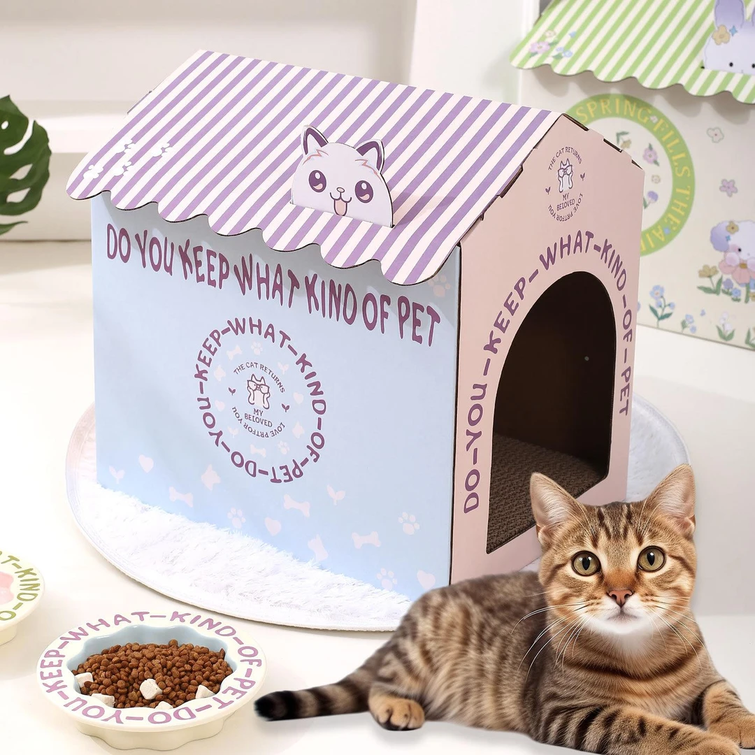宠物猫咪纸箱屋猫抓板一体猫窝盒子创意卡通纸板屋瓦楞纸房猫睡窝