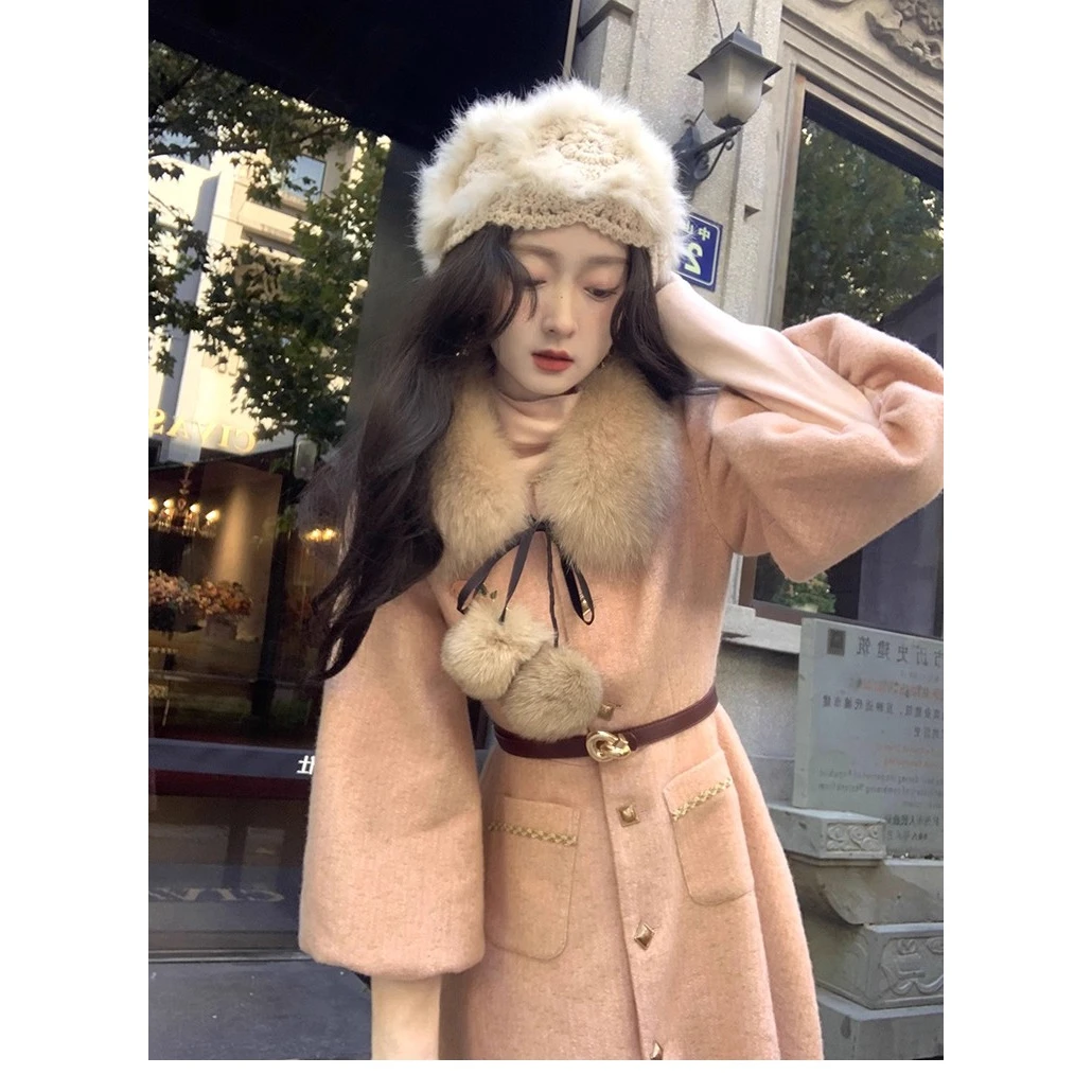 气质金丝编织收腰毛呢大衣赫本风裙摆式外套女冬