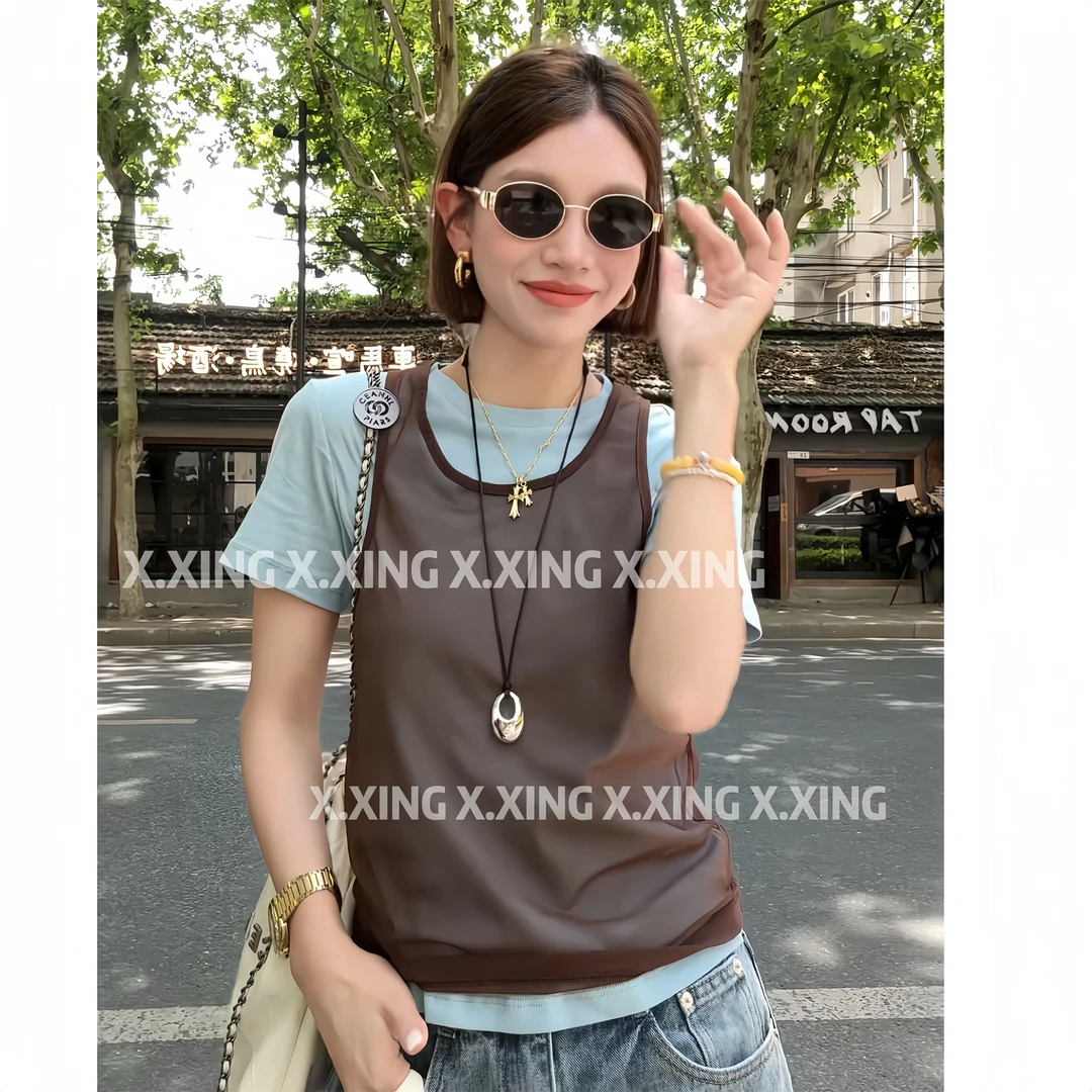 X.x.撞色叠穿U领网纱背心圆领短袖T恤真两件套装女C32-84075