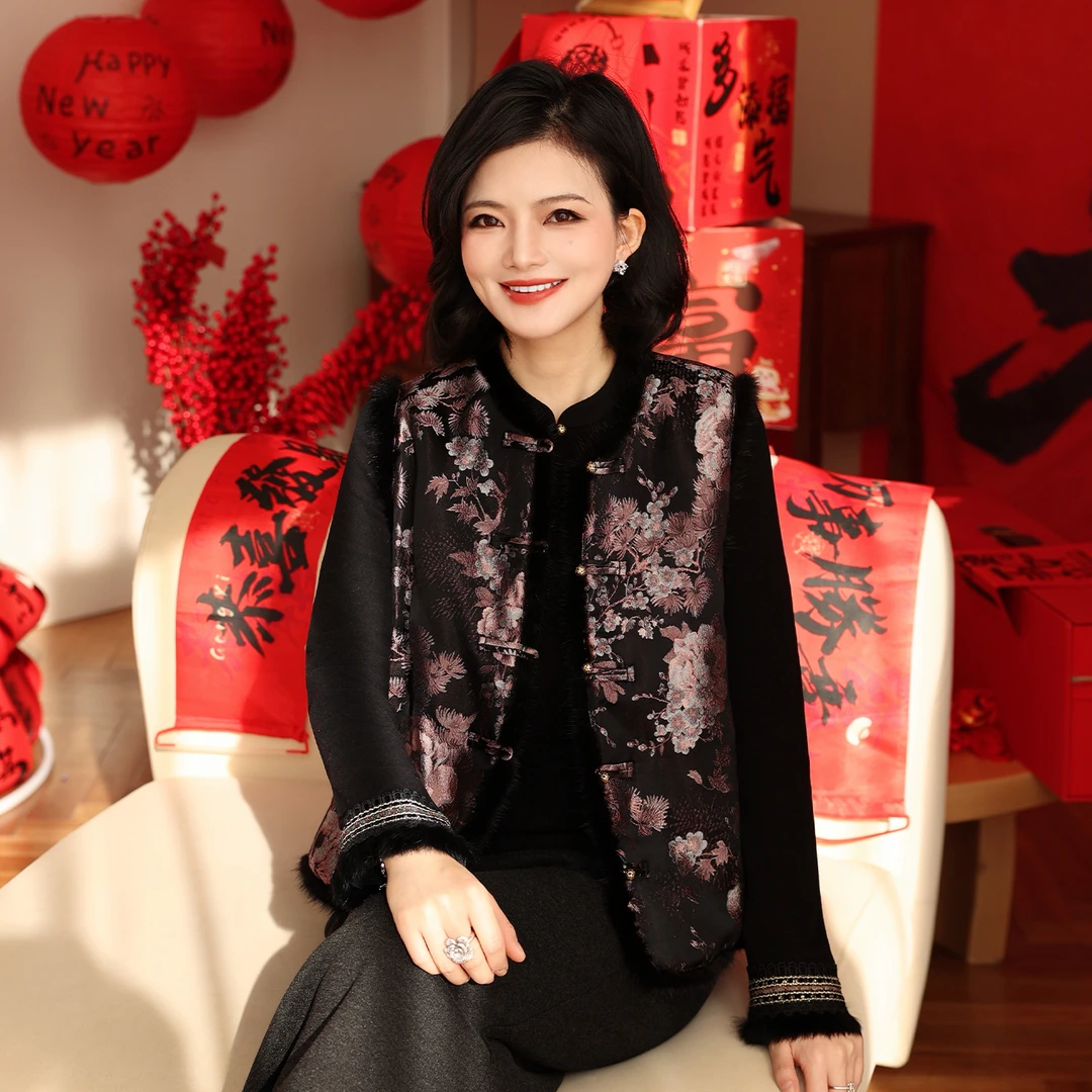 枫竺阿楠anan新中式盘扣提花水貂毛夹棉国风马夹冬季叠穿坎肩背心