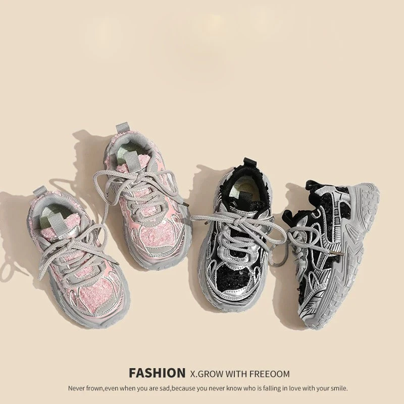 儿童2025春季新款软底防滑运动鞋网面亮片女童老爹鞋8012