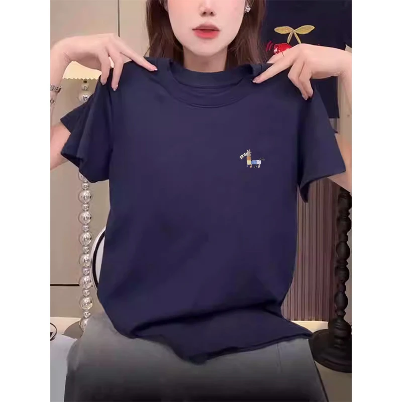 2025新款正肩纯棉短袖t恤女时尚百搭减龄显瘦藏青色上衣体恤夏季