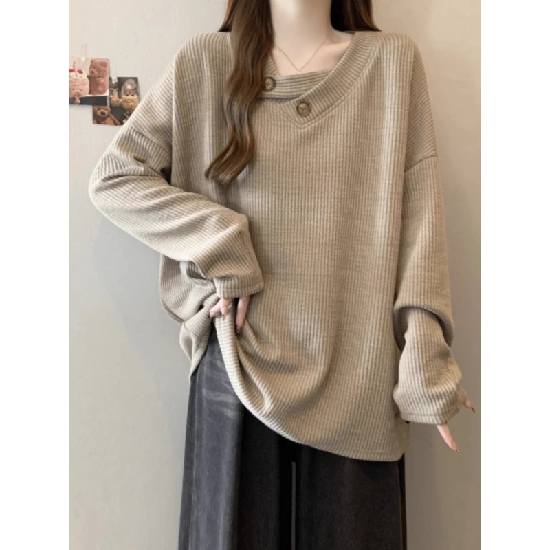 宽松慵懒设计感纽扣针织毛衣女春秋微胖大码显瘦百搭V领小众上衣