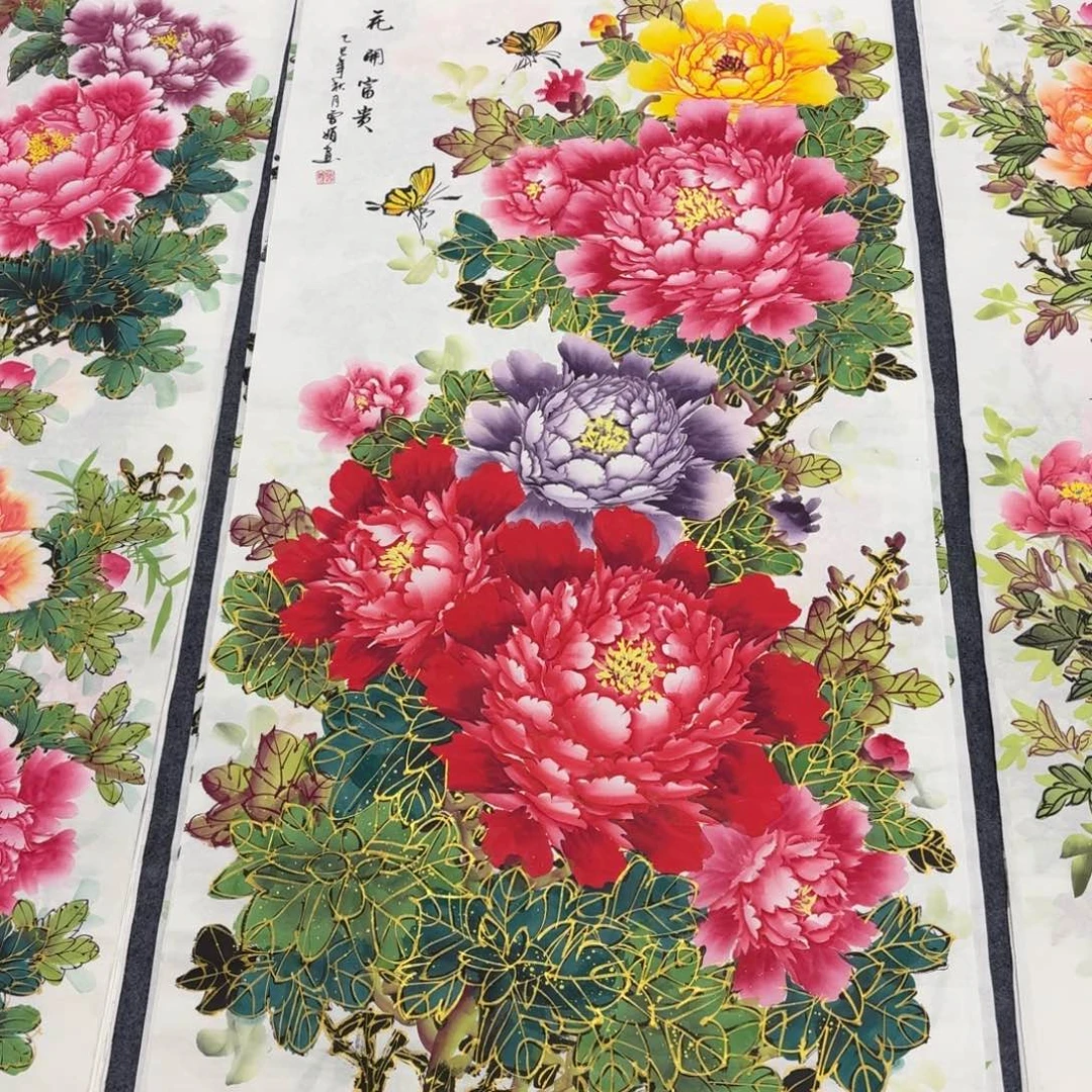 国画140×70千层金线牡丹画画