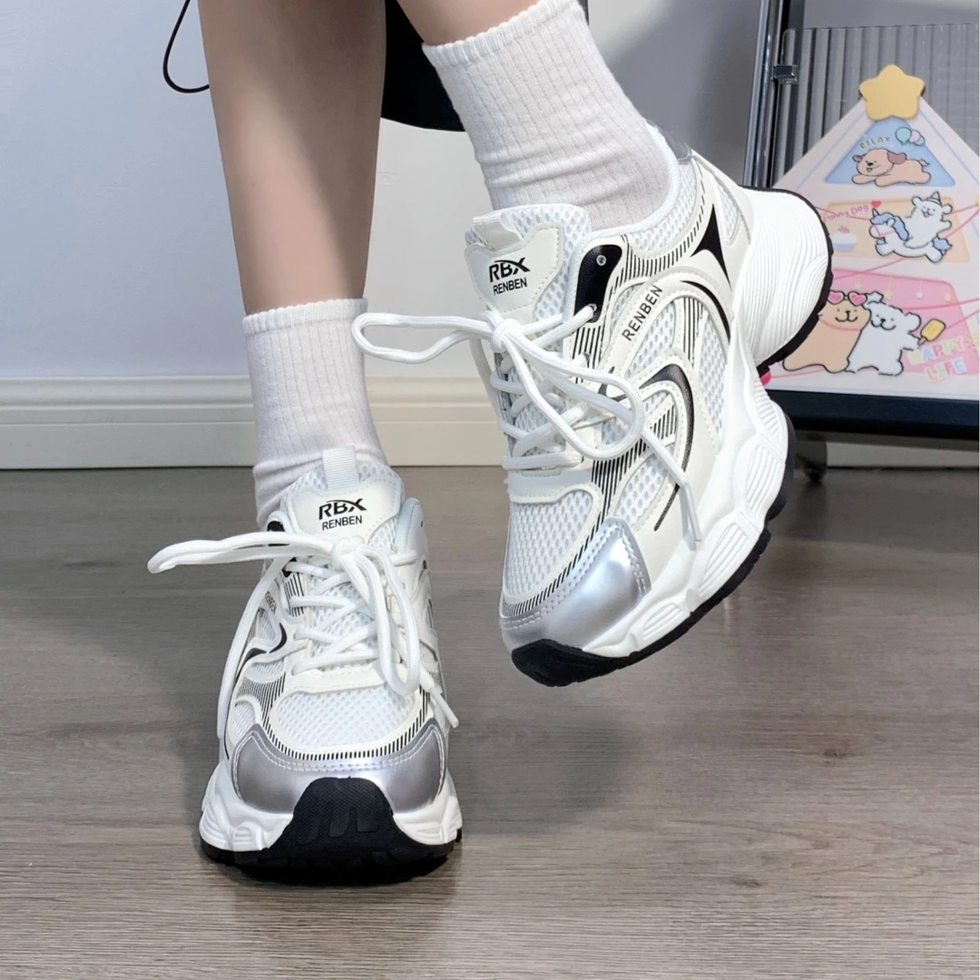 人本银色老爹鞋女鞋2025秋季新款休闲百搭厚底透气软底运动鞋轻便