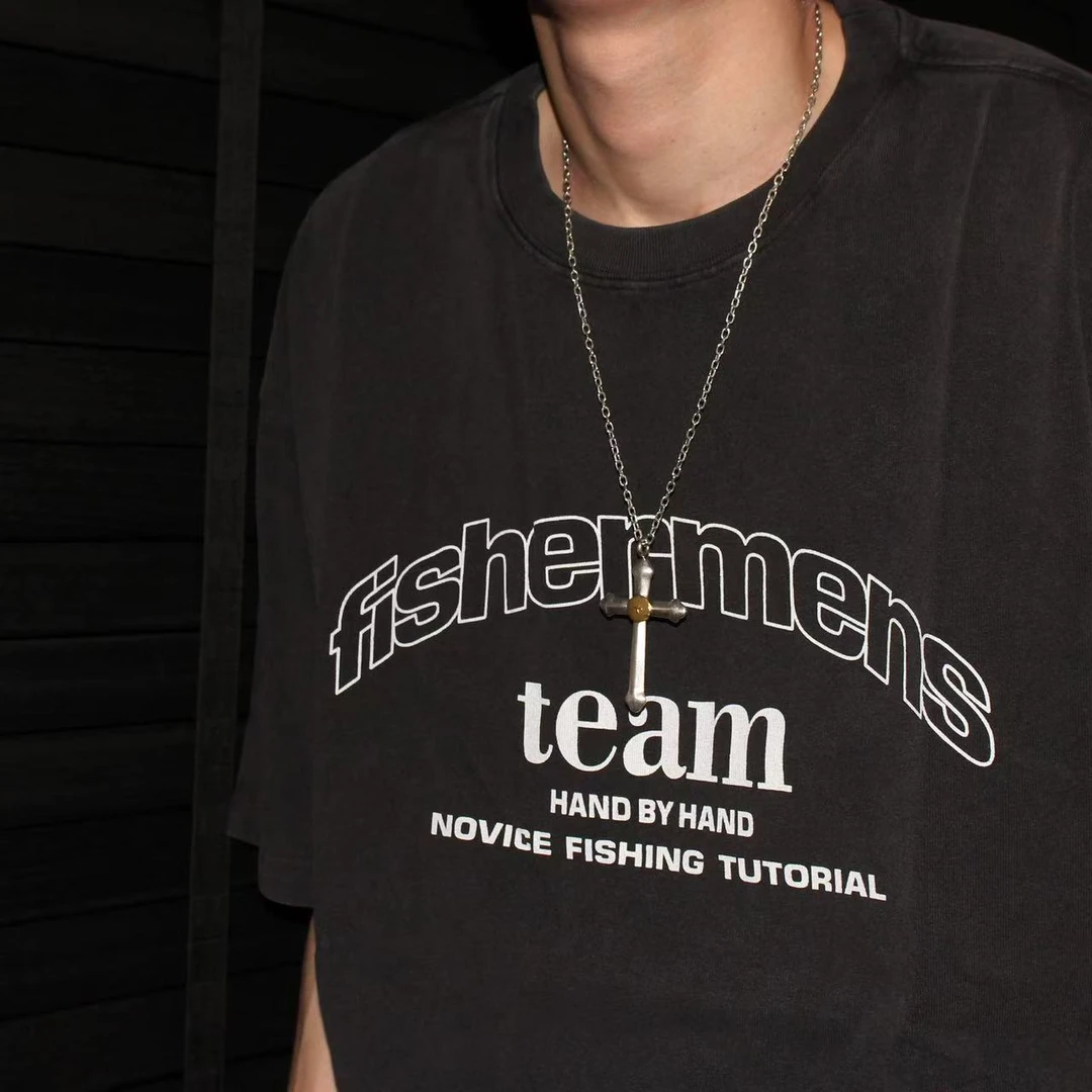 复古主题元素 英文标语设计 重磅水洗印花短袖T恤潮-1115