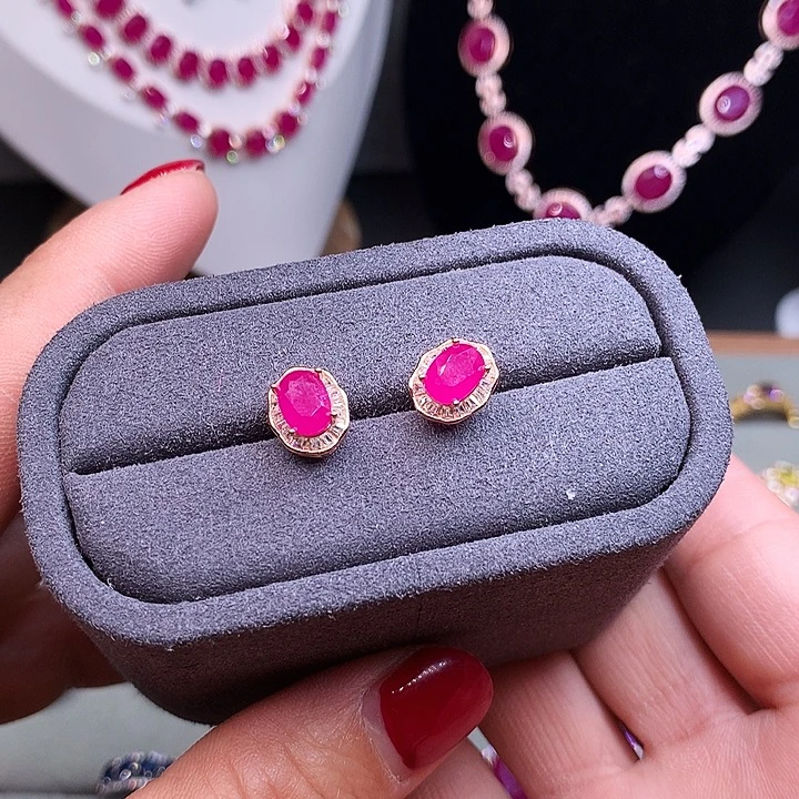 耳饰银S925镶嵌红宝石