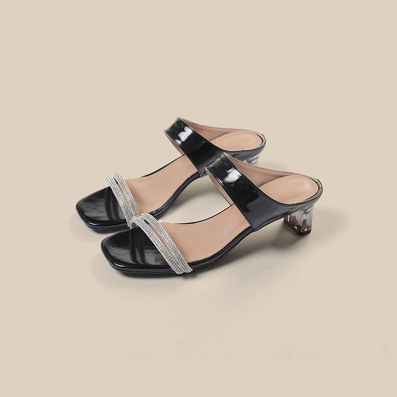 时尚百搭夏季外穿高跟露趾方头女鞋拖鞋不累脚