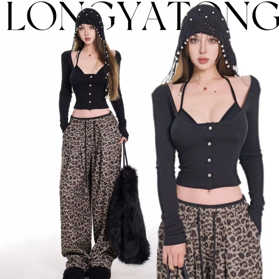 龙牙童推荐【霍格辣妹】显瘦女美式长袖T恤U领蕾丝纯欲风修身设计感