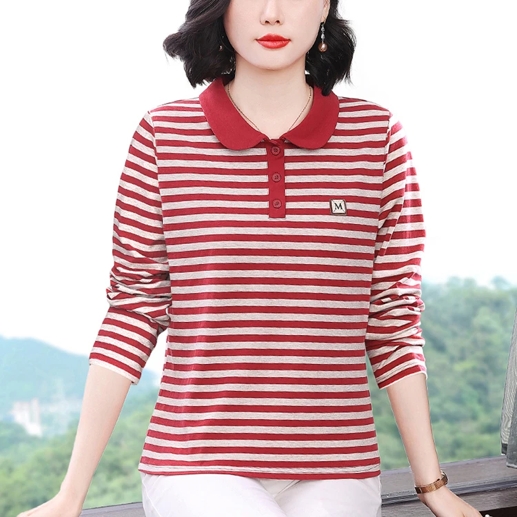 秋季百搭宽松简约气质长袖T恤中年时尚字母条纹翻领显瘦洋气上衣