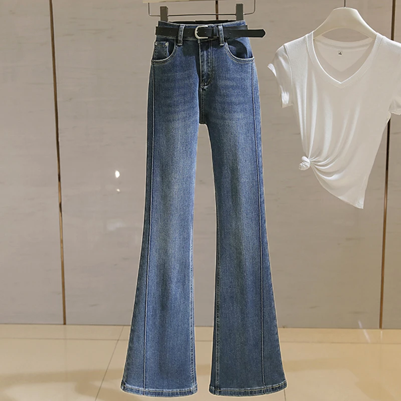 复古蓝色喇叭牛仔裤女高腰2025春季新款弹力修身显瘦垂感马蹄长裤