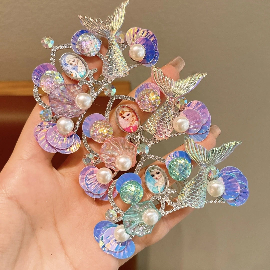 女童皇冠头饰美人鱼镶钻插梳女孩公主发夹发梳宝宝鱼尾纱发卡