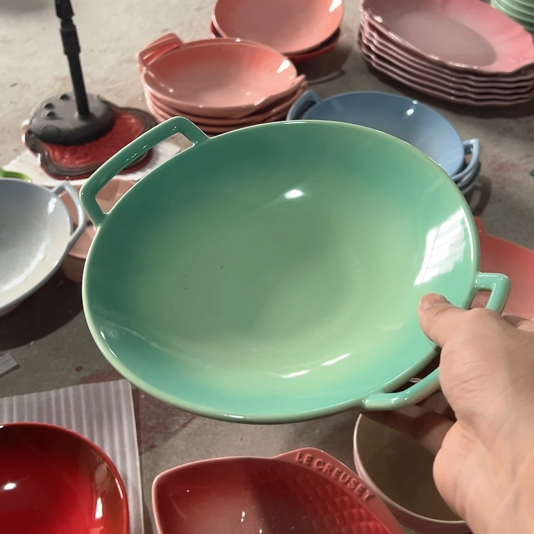 陶瓷 双耳干锅盘 青羽色