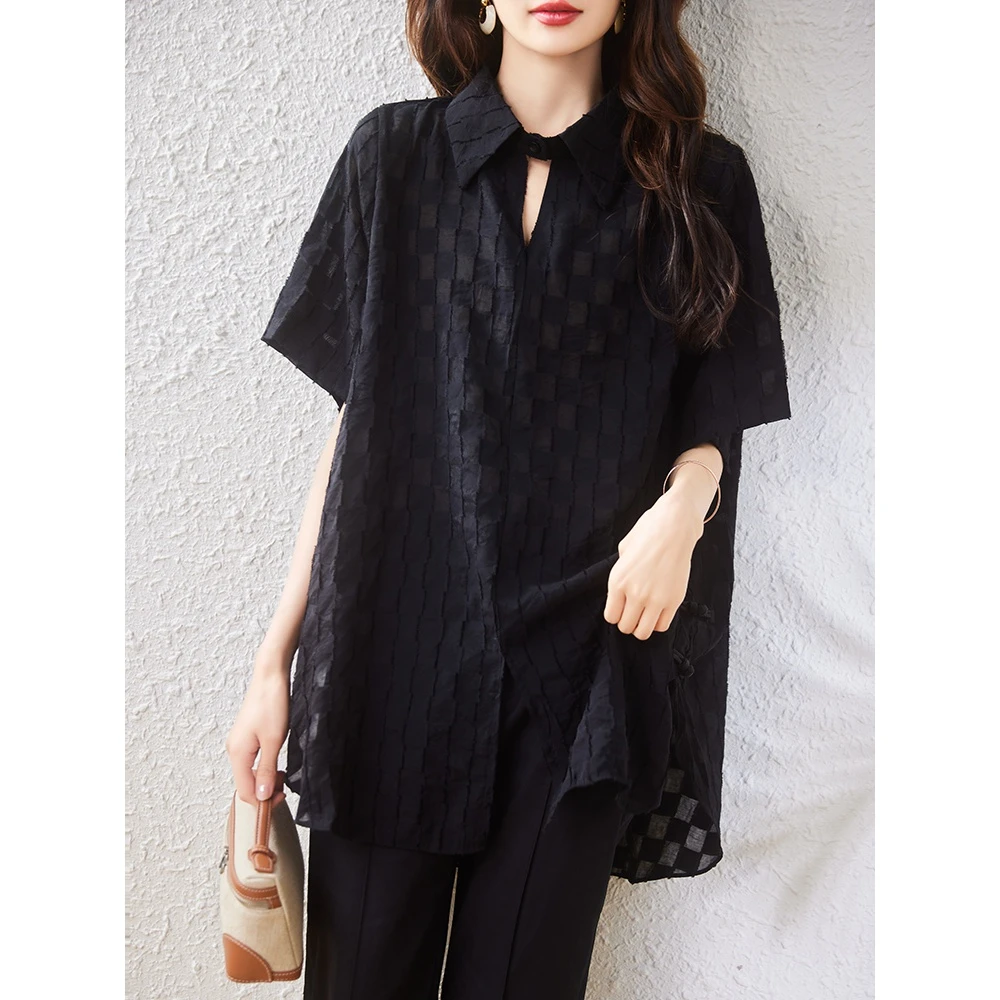 大码女装夏季新款短袖宽松衬衫时尚设计感衬衣薄款娃娃领气质上衣