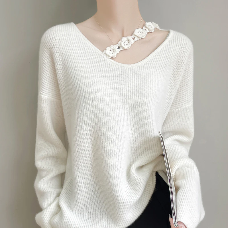 韩系宽松羊毛衫气质钩花V领羊毛衫时尚轻奢慵懒百搭针织纯羊毛衫