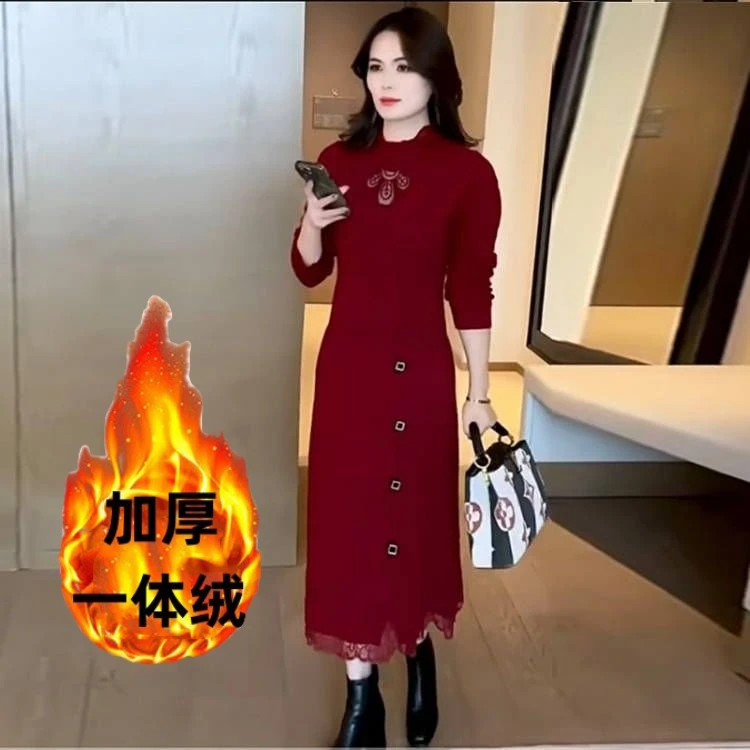 加厚一体绒针织连衣裙秋冬新款气质过膝配大衣毛衣裙宽松显瘦爆款