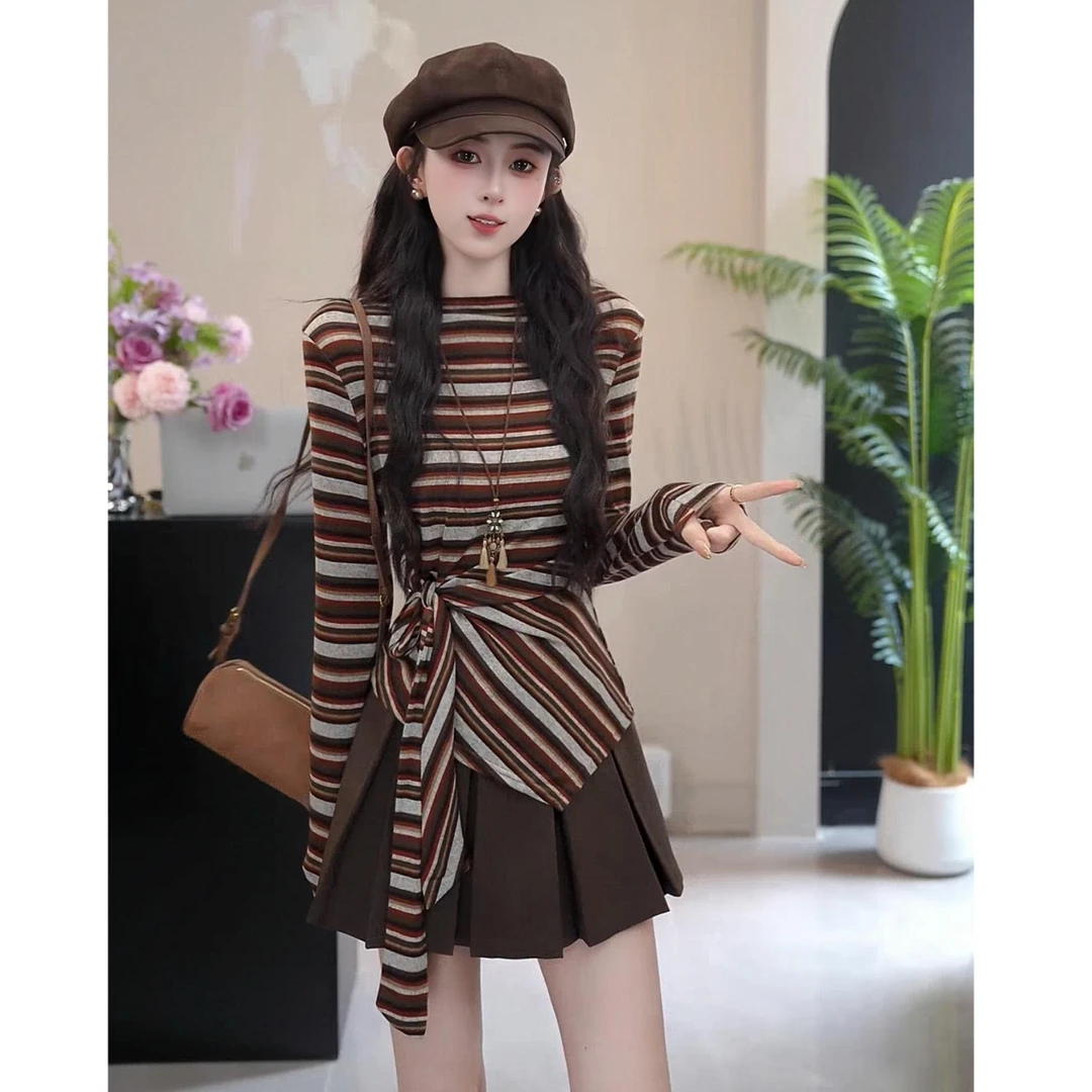 条纹长袖法式长袖t恤百搭显瘦ins一字肩绑带加宽加大大码打底上衣