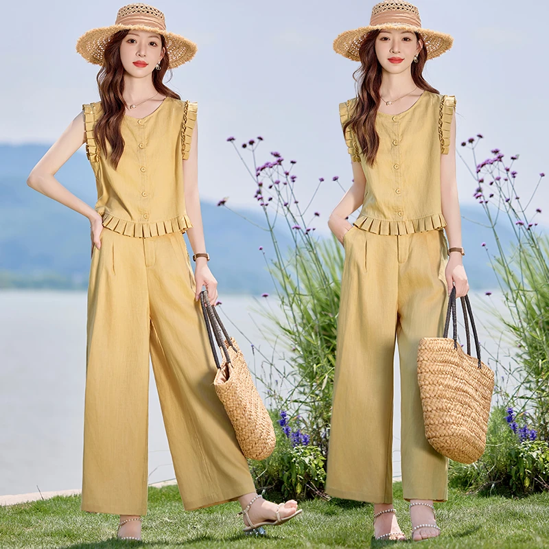 设计感木耳边无袖马甲套装女夏季田园风宽松显瘦休闲阔腿裤两件套