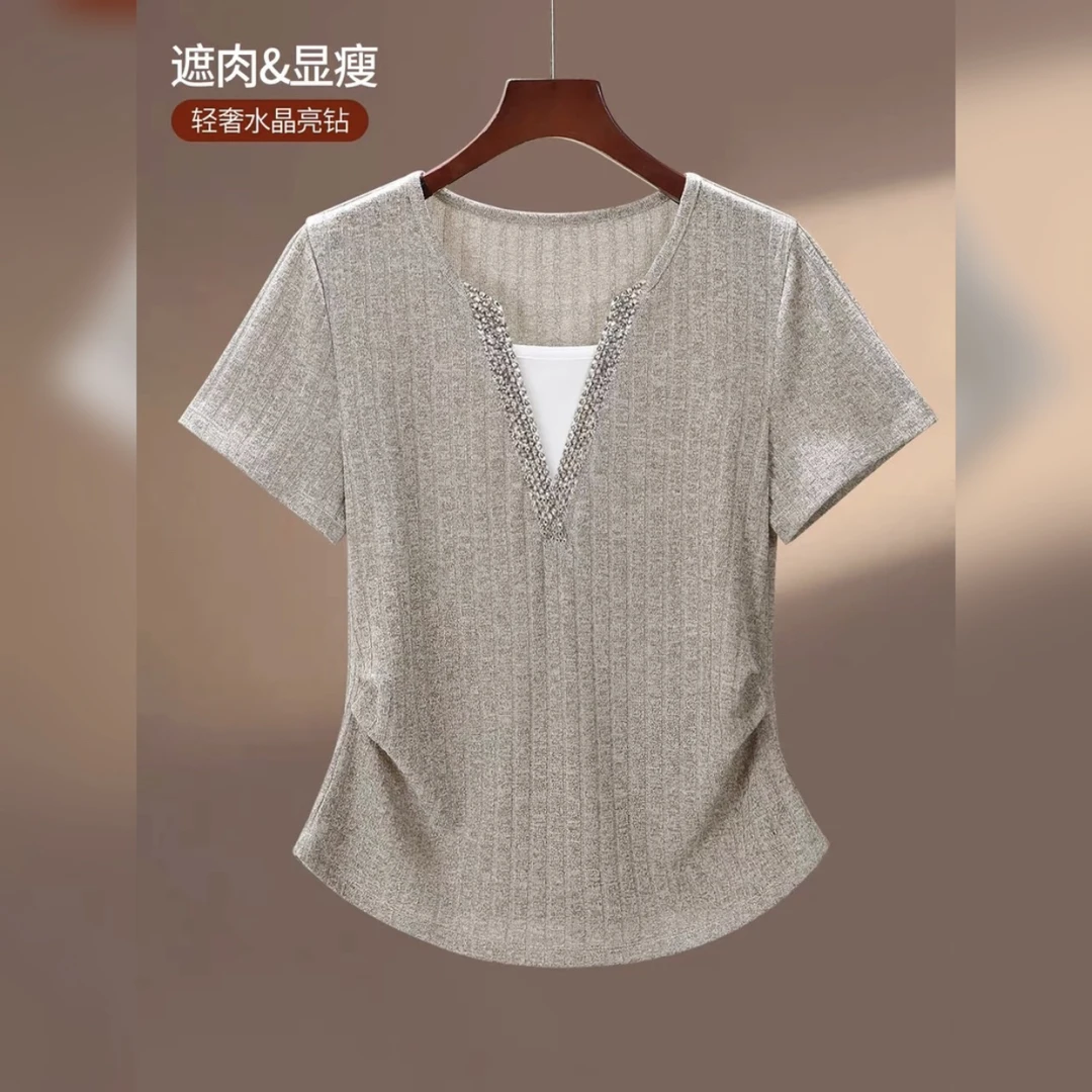【大姐】运补 445烫钻短袖夏季V领女士修身抽绳T恤大码亮钻气质t