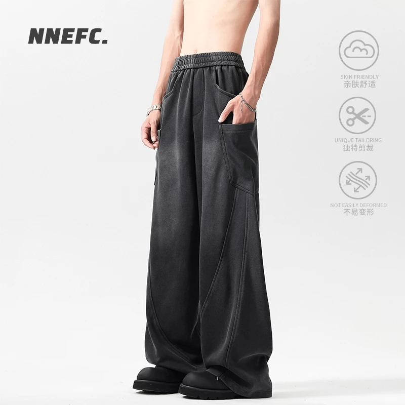 NNEFC美式解构水洗卫裤男女秋冬季加绒设计感重磅复古小众阔腿裤