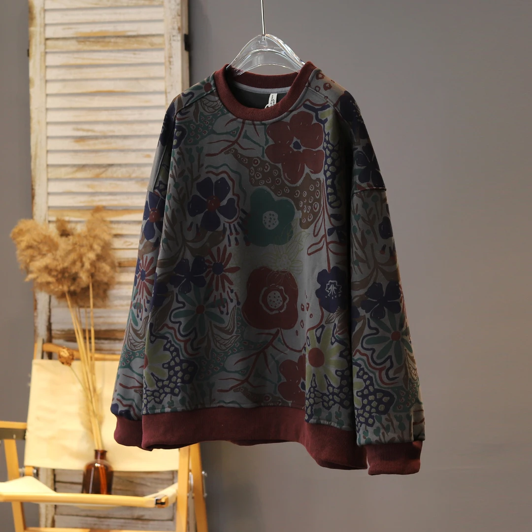 2025年冬款新品复古麻味加绒宽松印花减龄卫衣棉料拼接螺纹百搭女