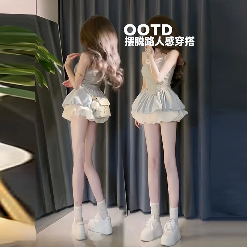 辣妹性感蕾丝花边无袖背心套装女夏季新款高腰花苞轻纱短裙三件套