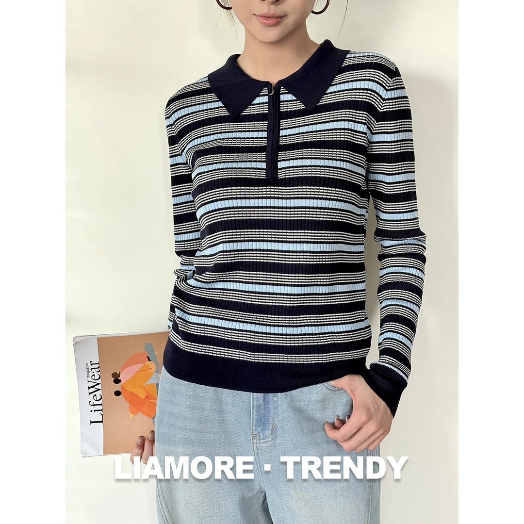 小禾撞色条纹针织衫女2025早秋新款POLO领莱赛尔套头显瘦气质上衣