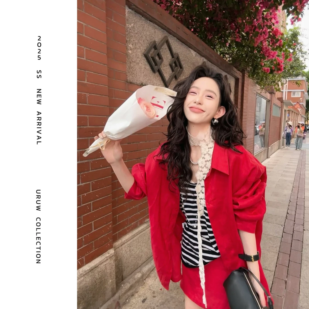 【克拉恋人】100％亚麻休闲风宽松衬衫套装A字高腰显瘦半裙URUW6611