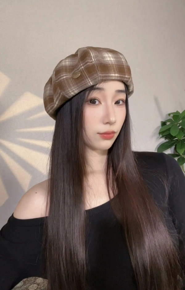 2025新款格子画家帽秋冬季大头围显脸小贝雷帽韩版报童帽八角帽女