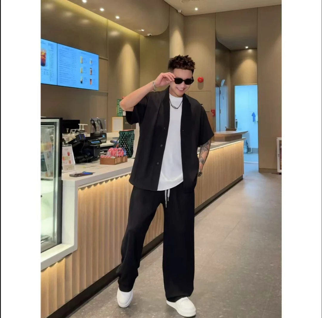 【语乐3店】4805/4806极简风V领竖纹肌理感套装夏季短袖开衫休闲裤