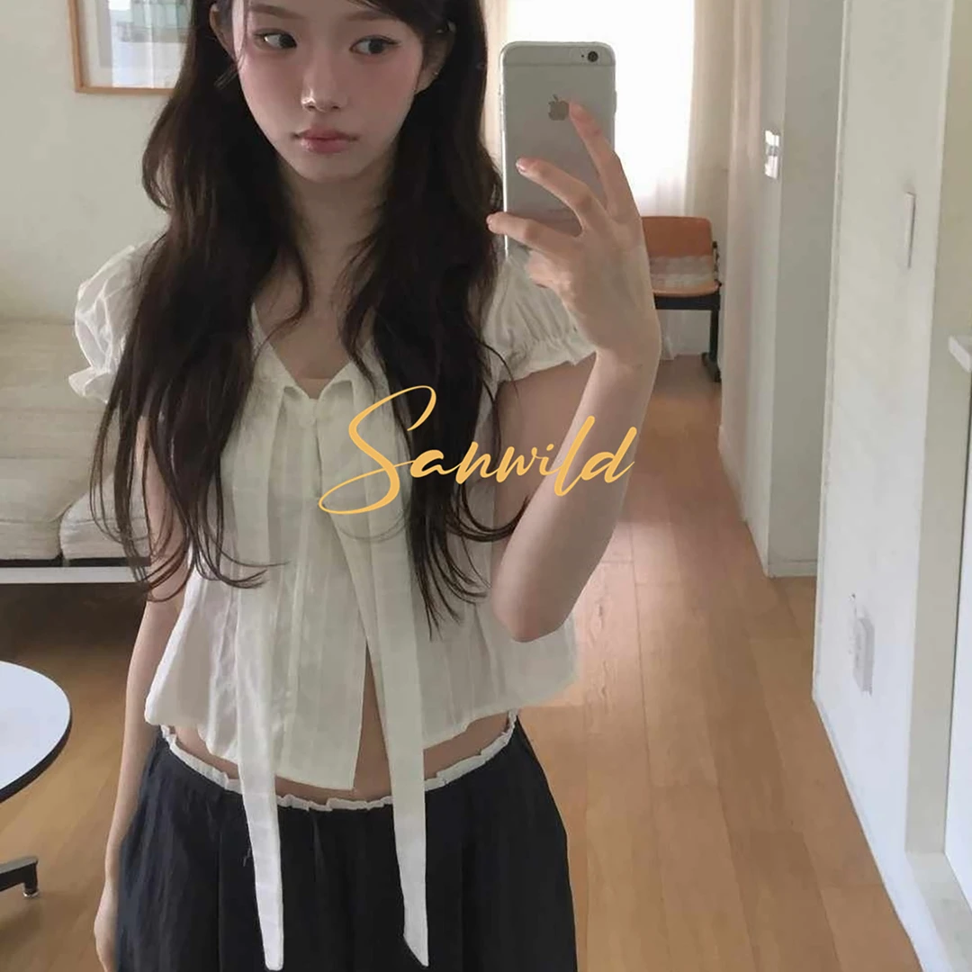 【CC】Skim*2025夏季新款法式时尚短款气质简约细带泡泡袖T恤上衣