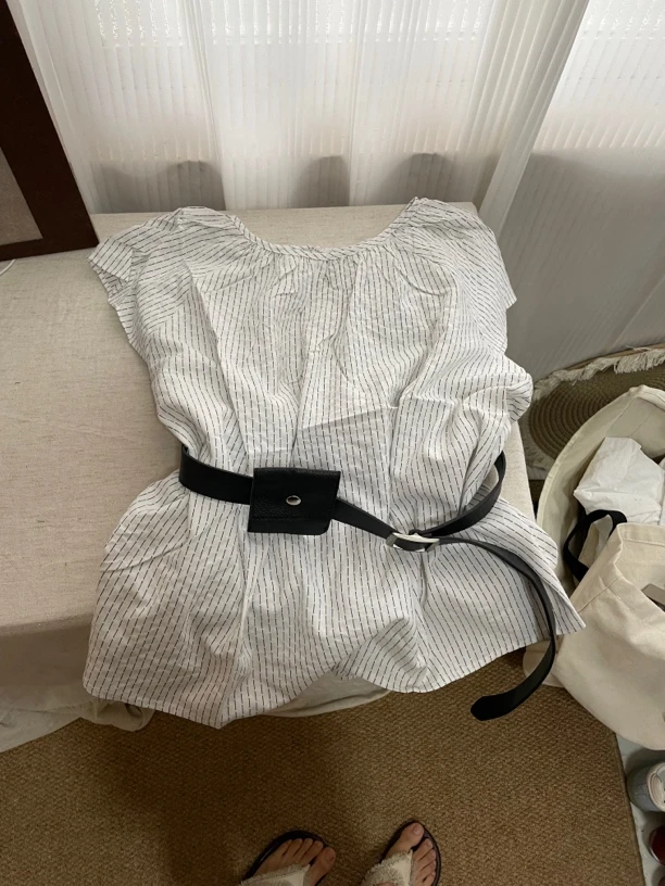 小个子配腰包小飞袖条纹上衣 百搭设计款