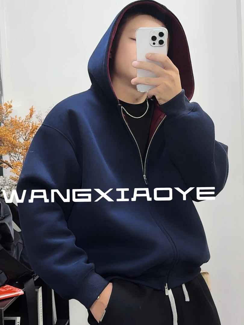 460G重磅拼色开衫卫衣男女同款连帽宽松休闲外套百搭运动情侣长袖