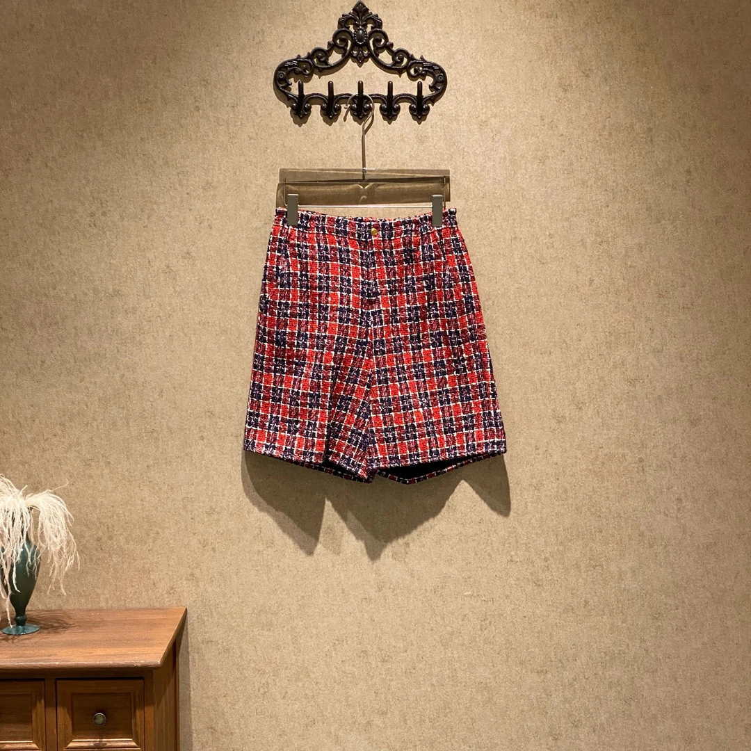 未使用 GUCCI/古驰 Gucci 红蓝格纹粗花呢编织短裤/38码/35615