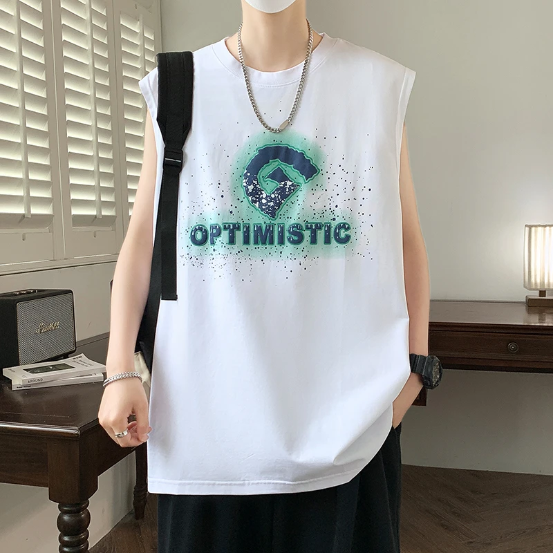 2025夏季新款男士无袖T恤港风休闲潮流百搭帅气学生宽松上衣服男