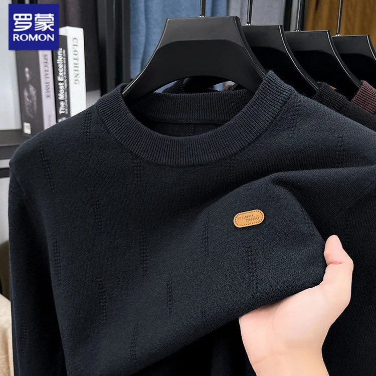 罗蒙圆领毛衣内搭男士25秋季新款纯色打底毛线上衣休闲针织衫男装