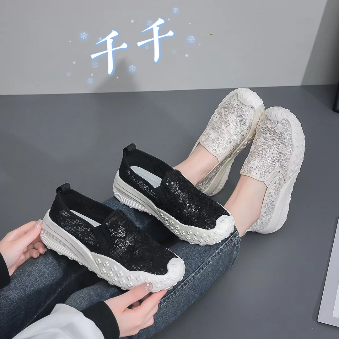 夏季爆款蕾丝网面透气镂空提花小香厚底一脚蹬时尚休闲板鞋
