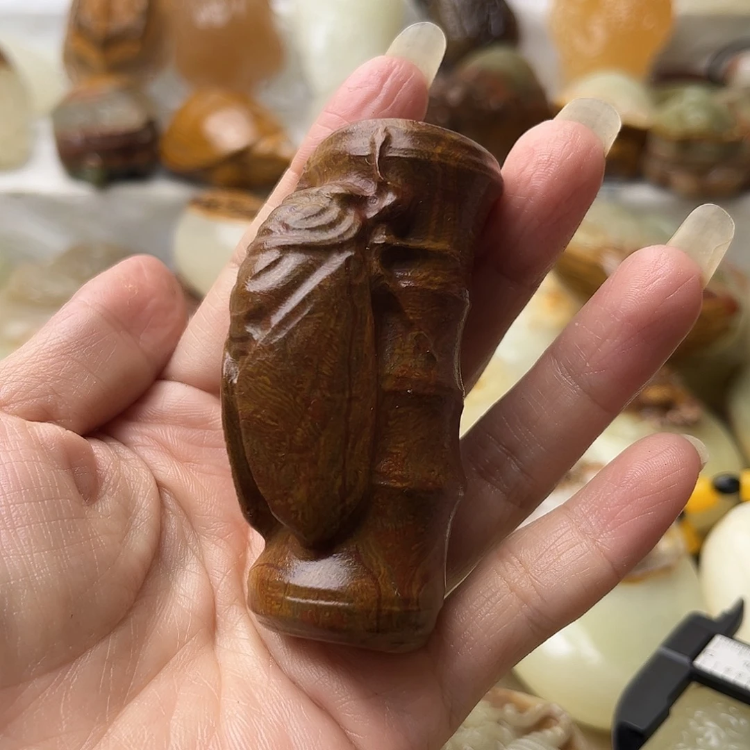 石材方解石手把摆件不退换蝉