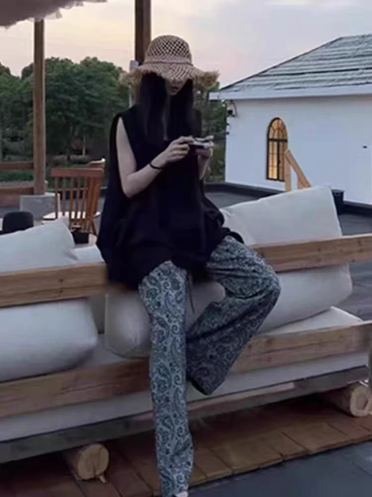 小两口慧时髦无袖慵懒松弛上衣搭配碎花休闲直筒阔腿裤6682-6683