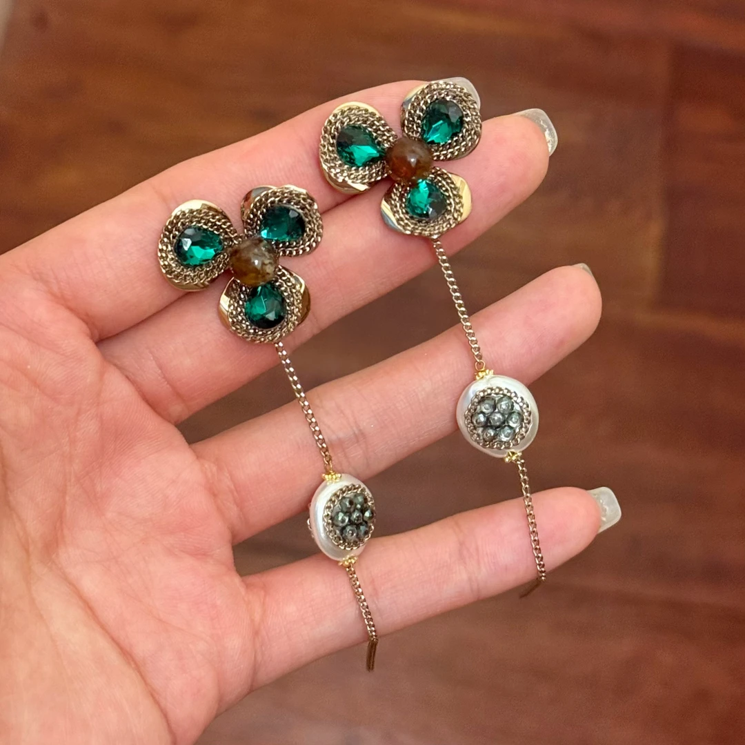 铁合金合成锆石耳饰 E0644 东大门定制手工花朵流苏耳环