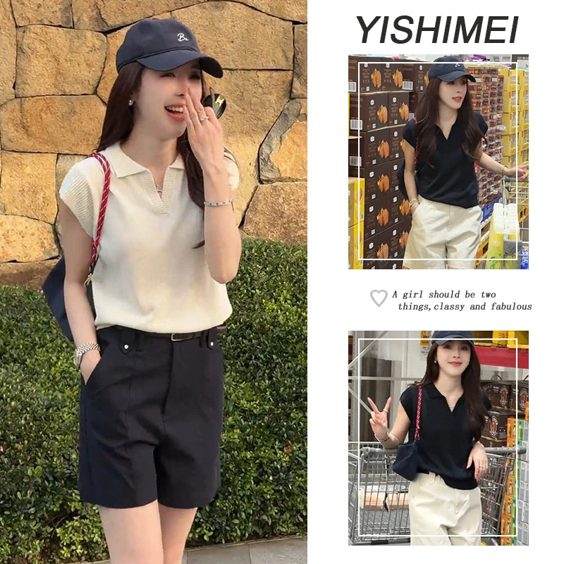 套装女2025年新款爆款洋气百搭简约翻领针织上衣显瘦短裤两件套装