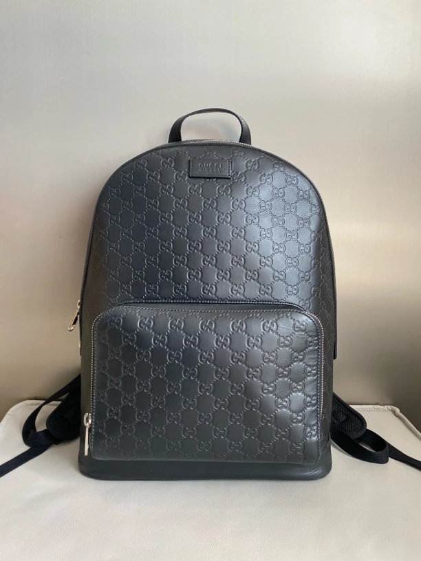 95新 GUCCI/古驰 黑色全皮压纹双G满身logo双肩包背包zp135
