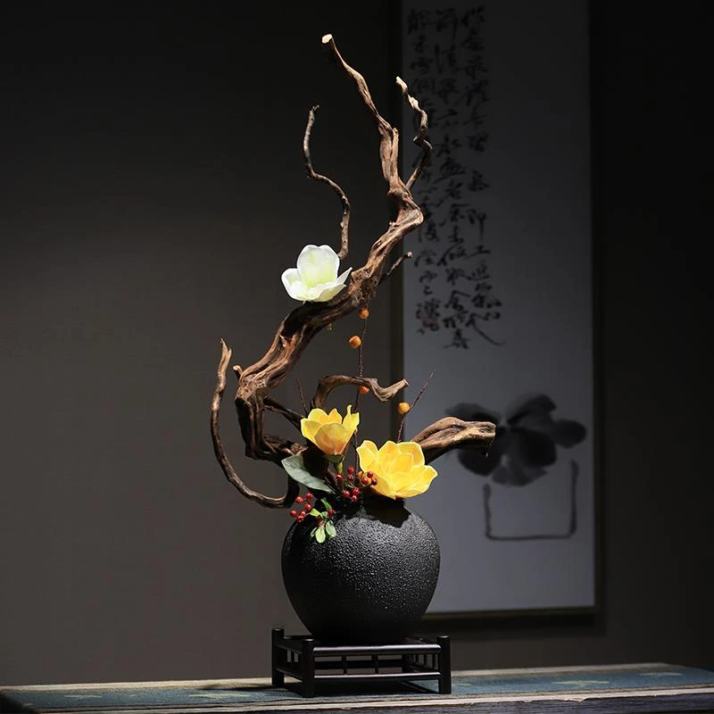 新中式陶瓷花瓶禅意枯木仿真花艺装饰侘寂风客厅茶室玄关木雕摆件
