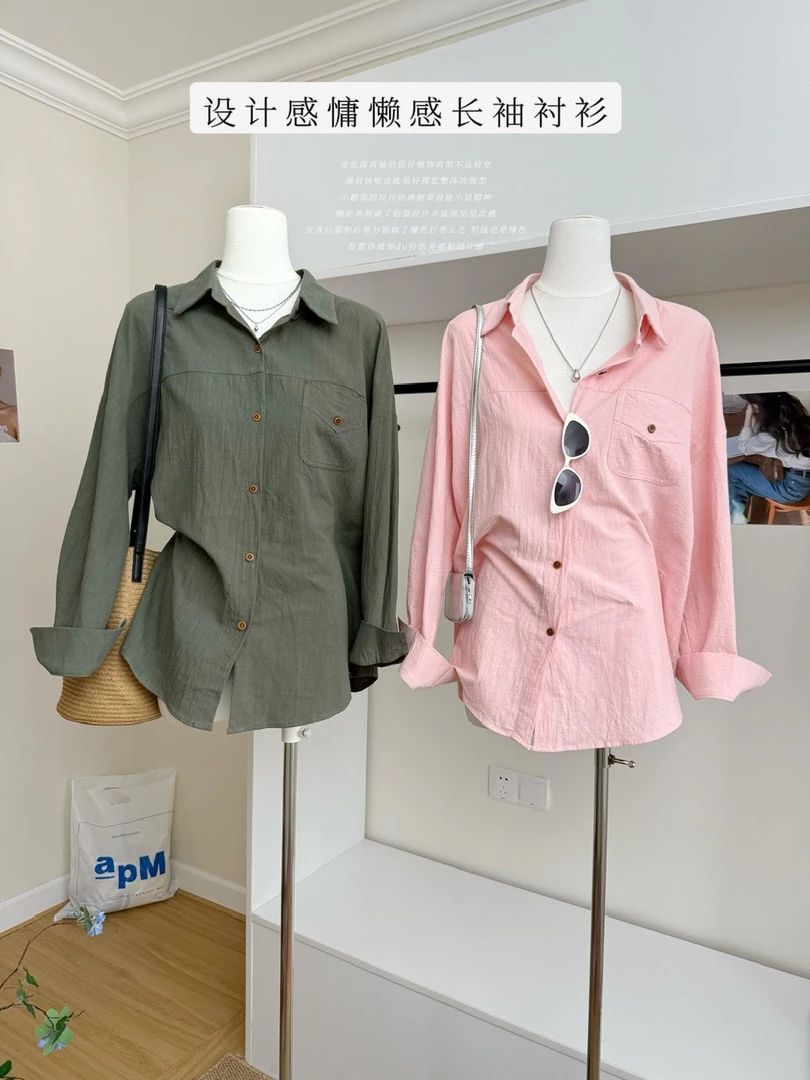韩系文艺工装风棉麻口袋衬衫女长袖设计打枣纽扣长袖宽松上衣开衫