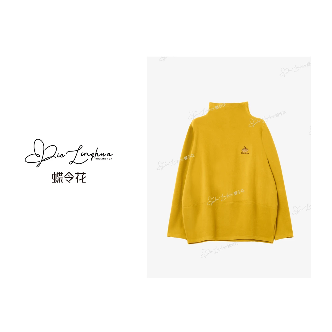 蝶令花春季加绒简约高级慵懒松弛南瓜刺绣宽松高领长袖T恤61057